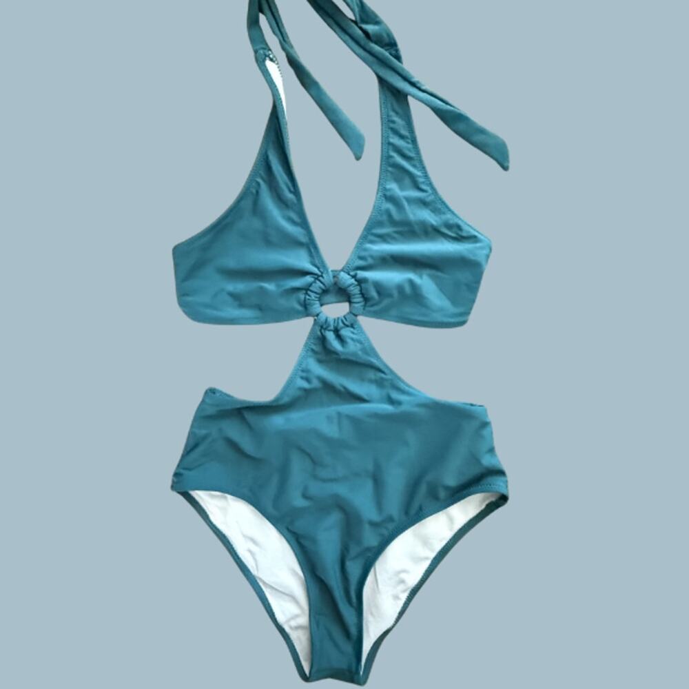 AI'MAGE Teal Halter Cutout Ring Detail Monokini One Piece Swimsuit Small